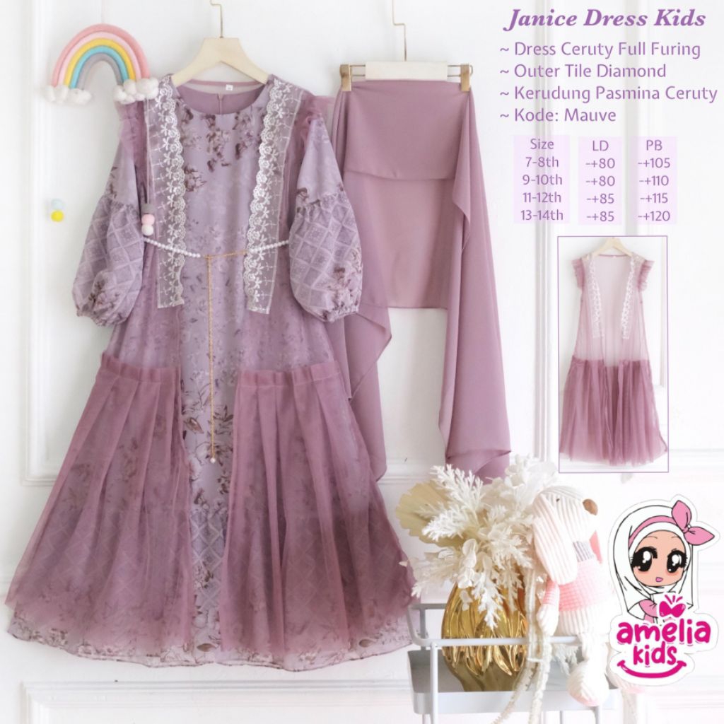 ARUNA JANICE AMELIA SET GAMIS HIJAB ANAK REMAJA 3 IN 1 / RAGAM SETELAN GAMIS ANAK + OUTER / SETELAN 