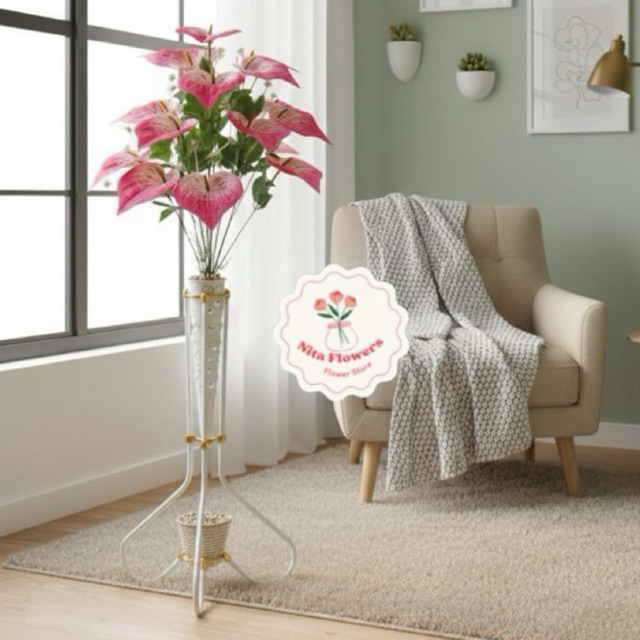 Bunga Aron Panda 18 Kuntum Premium dengan Pot dan Standing Besi Bunga Sudut Ruangan