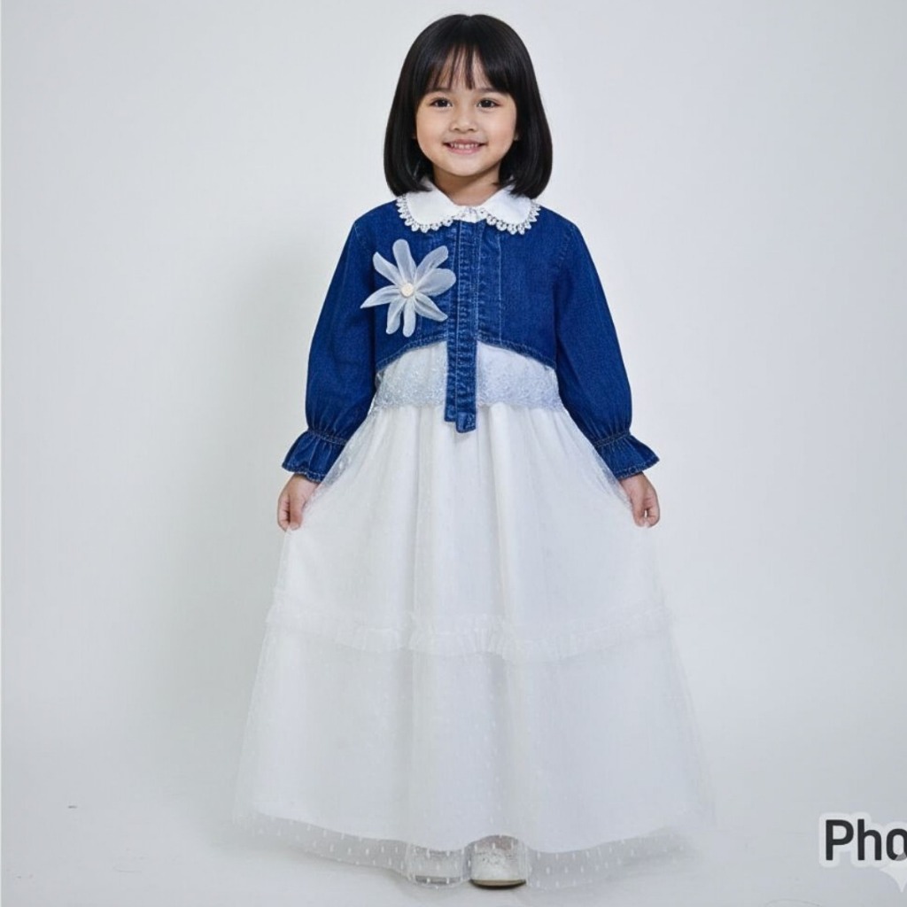 Gamis Jeans Anak Perempuan Usia 3-10 Tahun - Bahan Jeans Bordir Mix Salur - Gamis Jeans Free Belt Mo