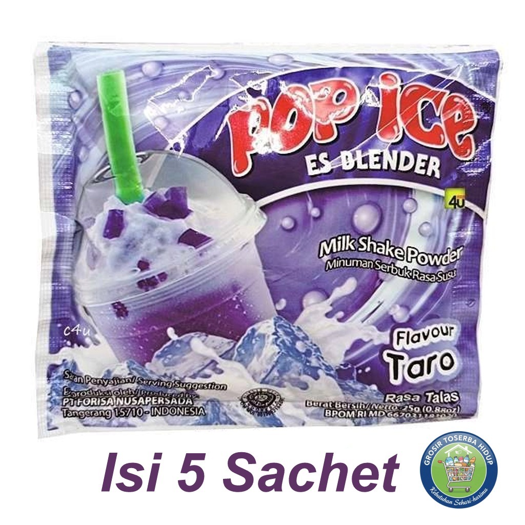 Minuman Serbuk Pop Ice 25 Gram - Rasa Taro, Grape, Vanilla Blue, Es Blender Isi 5 Sachet