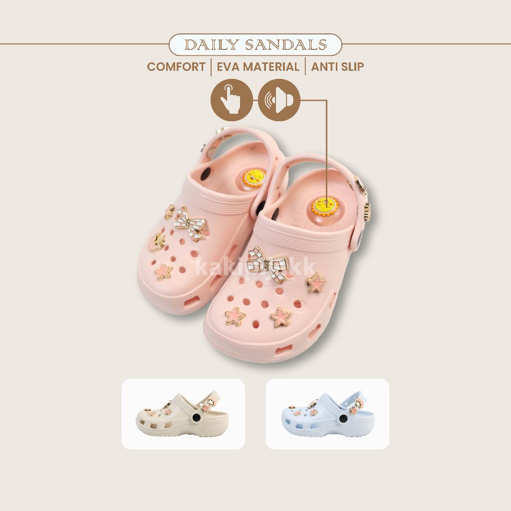 Sandal Kodok Anak Bunyi Kwek-Kwek Tali Belakang Jibbitz Pita & Star EVA Rubber H3506B-1 H3506K-1