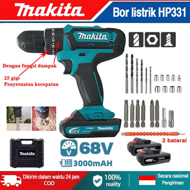 Makita HP331 Bor Tangan Listrik Tanpa Kabel 68V Bor Impact Bor Obeng Listrik Multi-alat