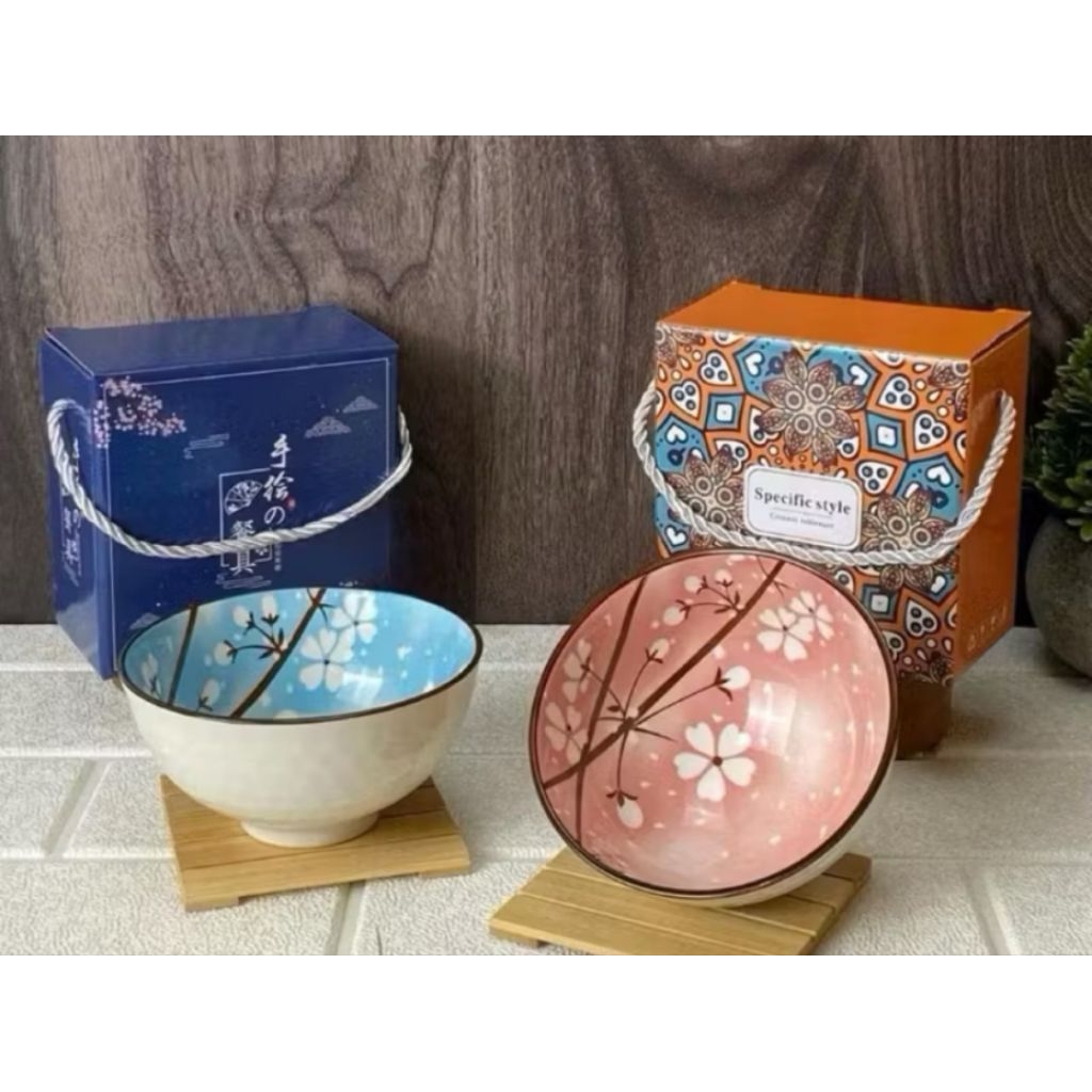 Mangkok Keramik Jepang Sakura - Isi 1 include kemas box , Elegan untuk Souvenir