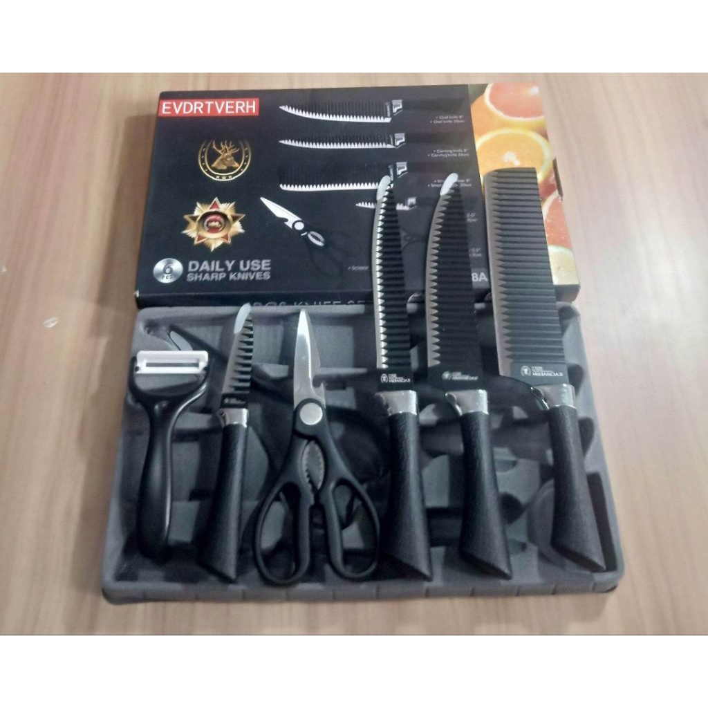1 set 6 pcs PISAU SET  STAINLESS STEEL GAGANG HITAM IMPORT TERMURAH / 1 set 6 pcs PISAU SET BERKWALI