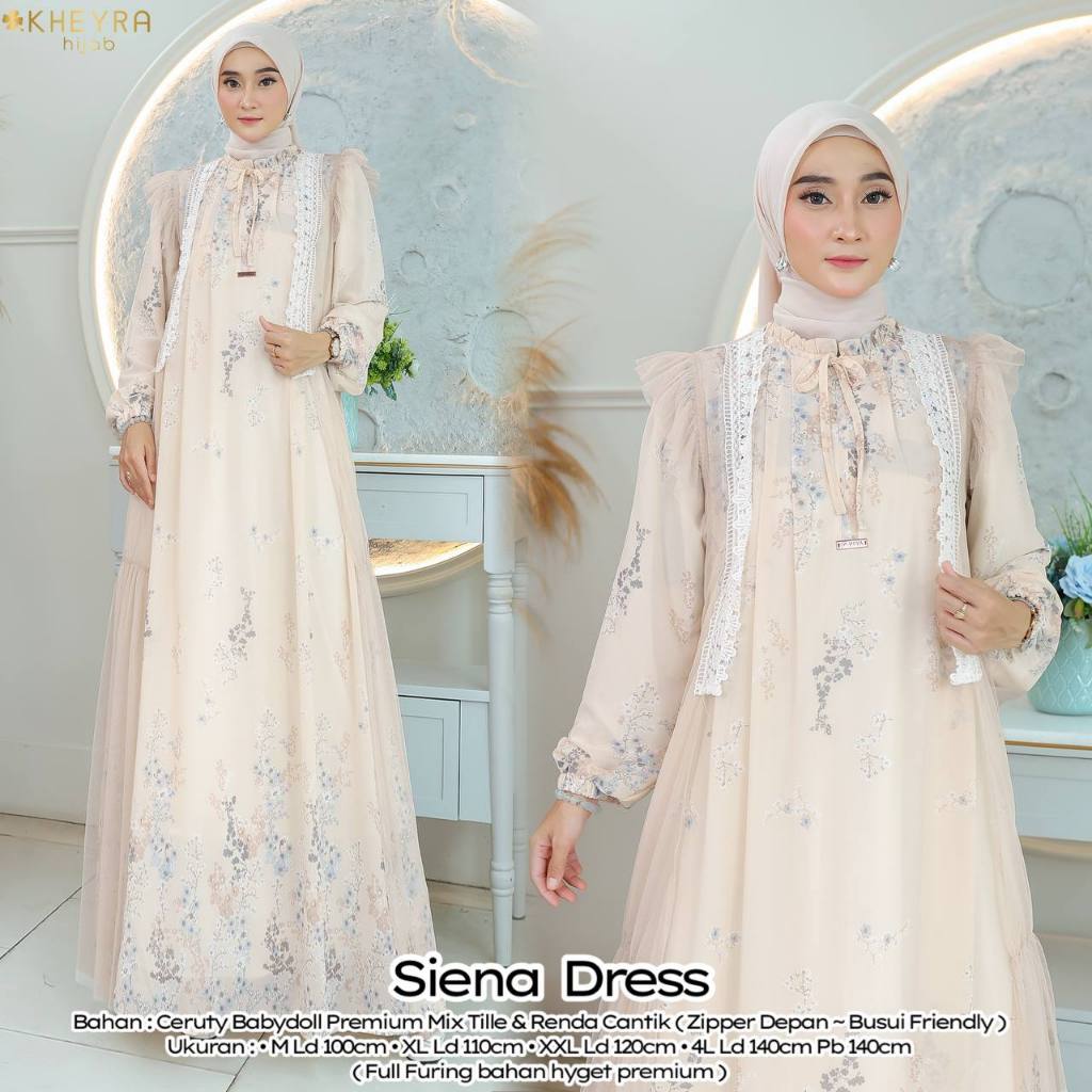 Sienna Dress Gamis Mewah Original KHEYRA hijab Ceruty Babydoll Premium Mix Tille Renda Elegan Busui 