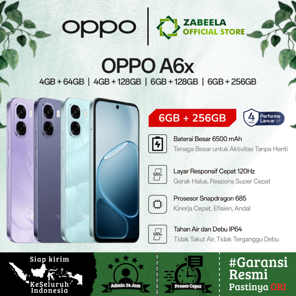 Oppo A6x 4/64GB 4/128GB 6/128GB 6/256GB Layar 6.75" 120Hz Snapdragon 685 HP Oppo Terbaru