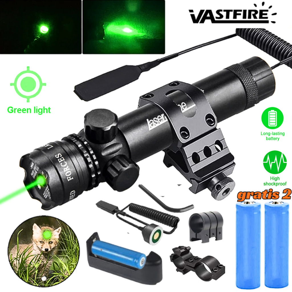 TaffLED Laser Tembak JaraK Jauh 300 Meter Siang Malam Senapan Angin Warna Hijau +2 Baterai +Charger