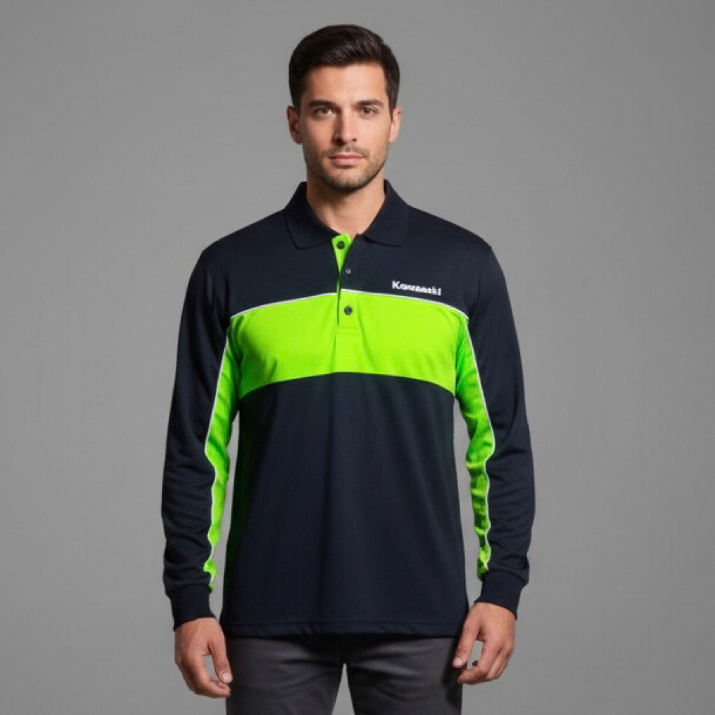 Kaos Polo Lengan Panjang K4w454k1 Racing Team Black Lime Green Second