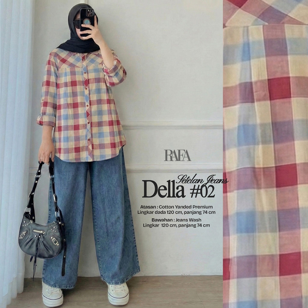 Setelan Kemeja Wanita Della Set Bahan Katun Motif Kotak Celana Jeans Ukuran Jumbo LD 120 cm