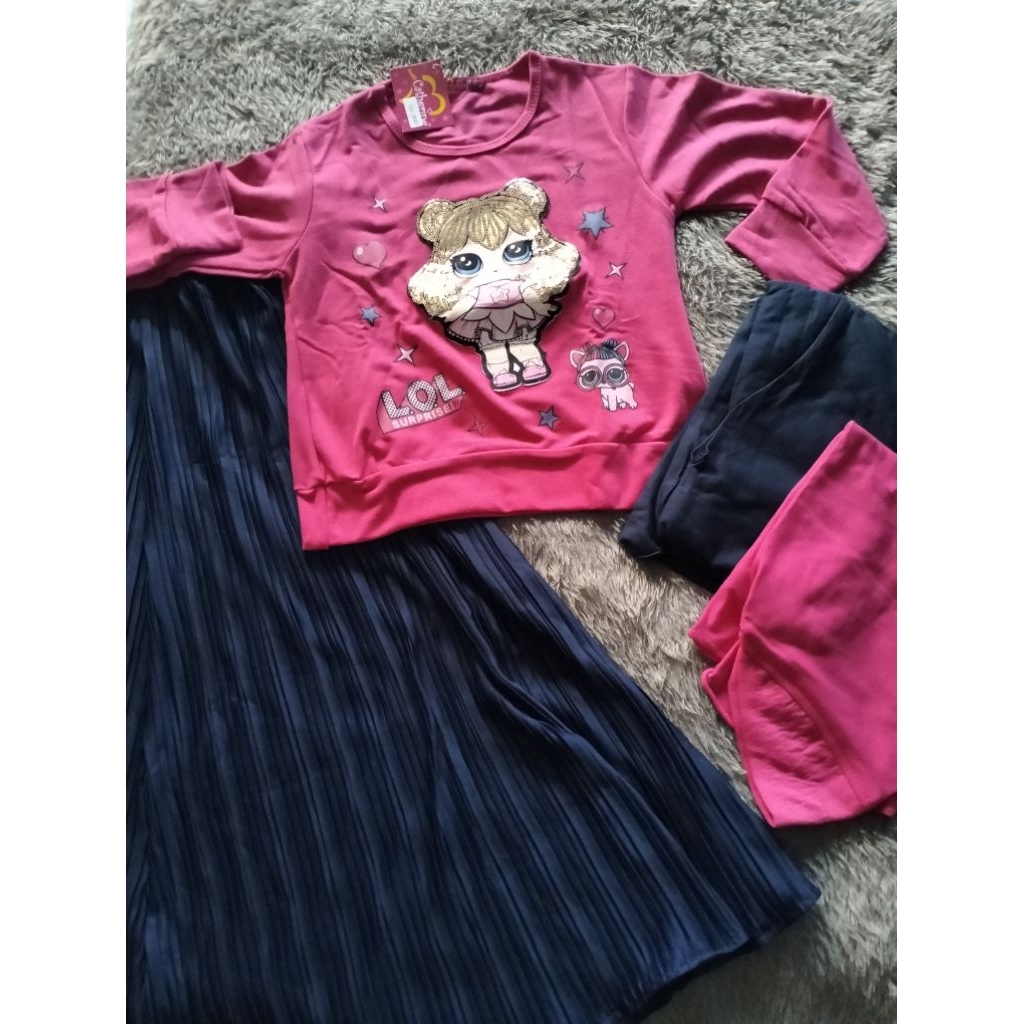 setelan anak perempuan rok plisket+atasan kaos+ krudung