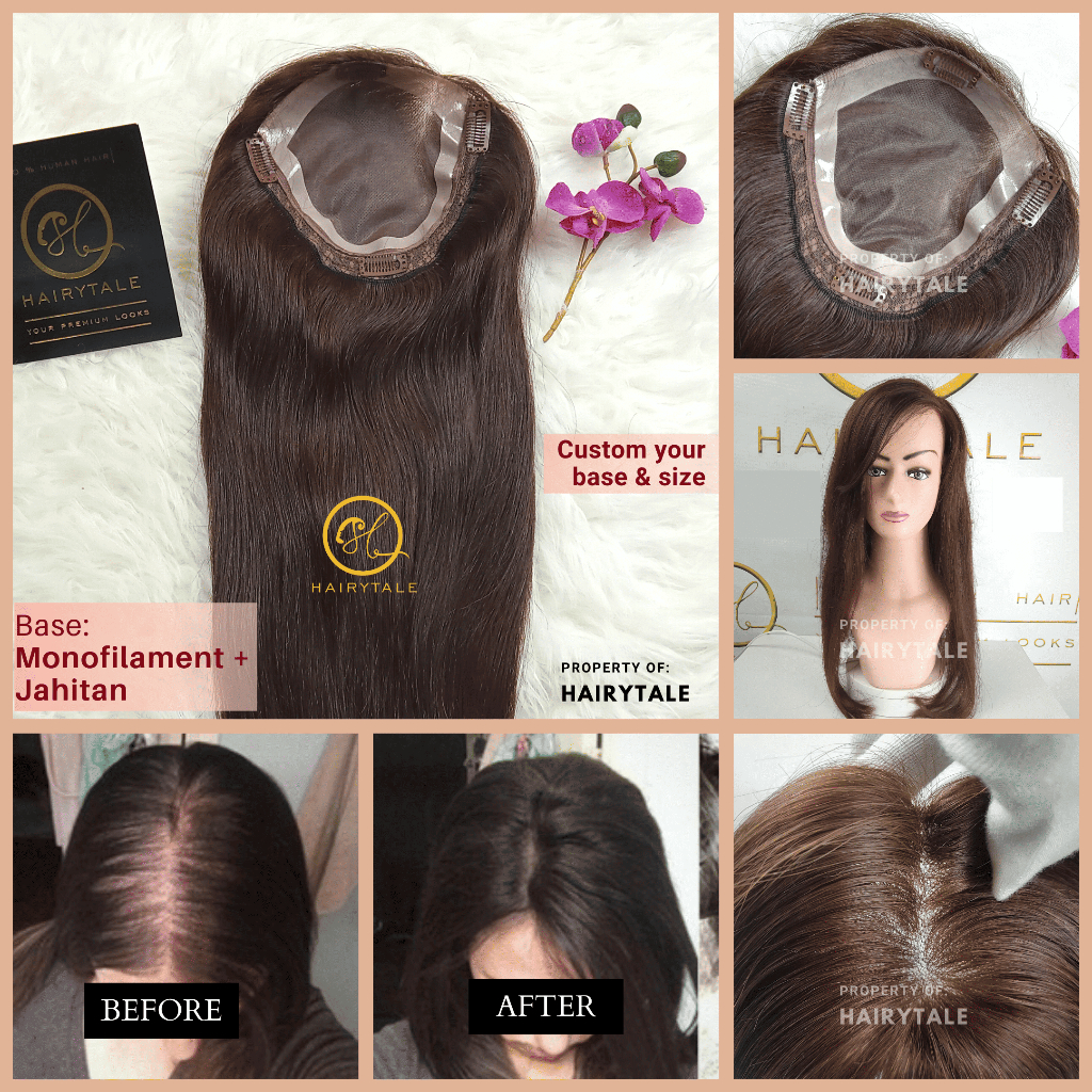 Toupee / Topper / Hair patch Wanita, Monofilament+jahitan, model jepit, Hairytale 100% Human Hair