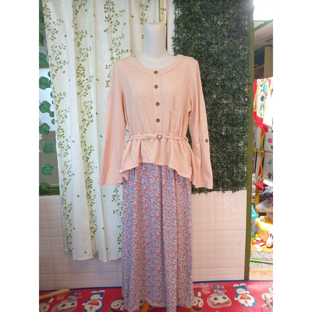 Dress gamis polos bunga tali lengan panjang