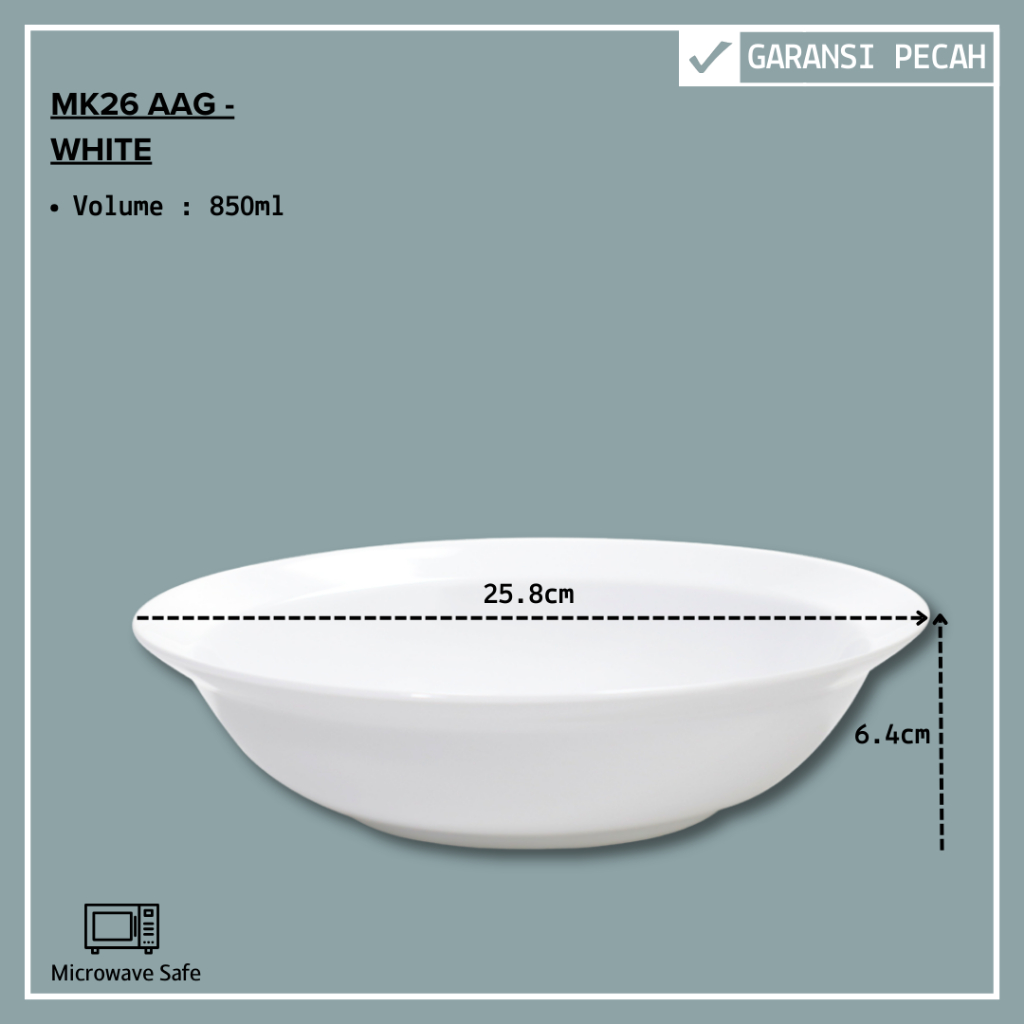 Mangkok Saji Keramik 25.8CM / Mangkok Nasi Serbaguna Putih Polos By Indo Keramik / MK26AAG - 1PCS