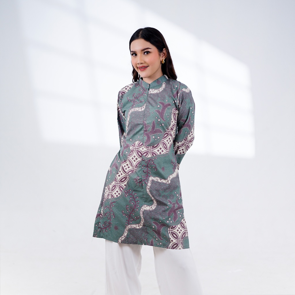 BATIK TRUSMI Atasan Wanita Tunik Batik Daun Hijau BUL