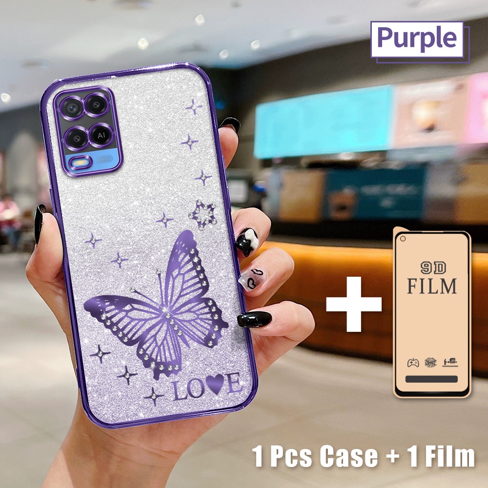PAKET LENGKAP 2 in 1 Casing untuk OPPO A54 Case Premium + Film Keramik Terbaik Bling Bling Glitter, 