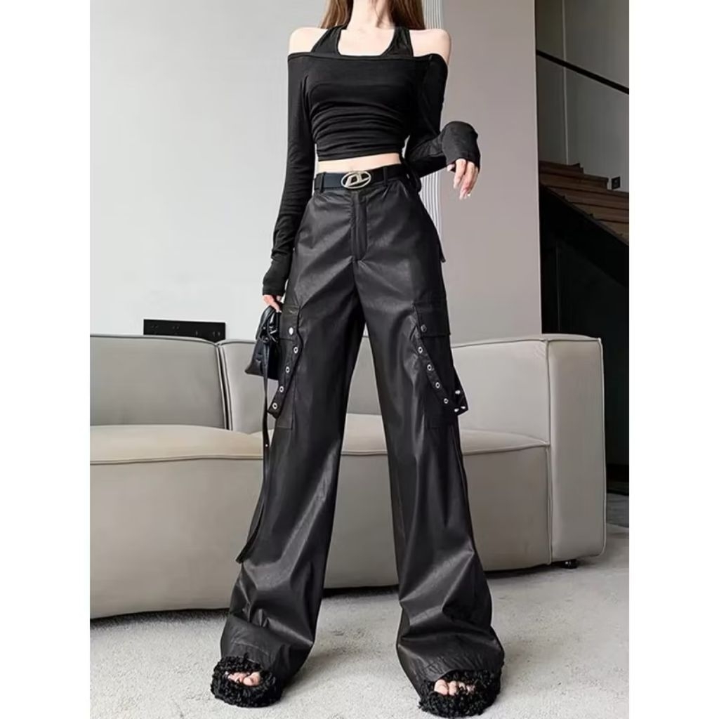 Celana leather matte hitam panjang Ukuran S