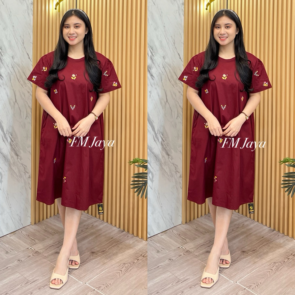 DRESS MOTIF BORDIR 3159 || MIDI DRESS CASUAL WANITA || GAUN WANITA PREMIUM || DRESS MOTIF BUNGA