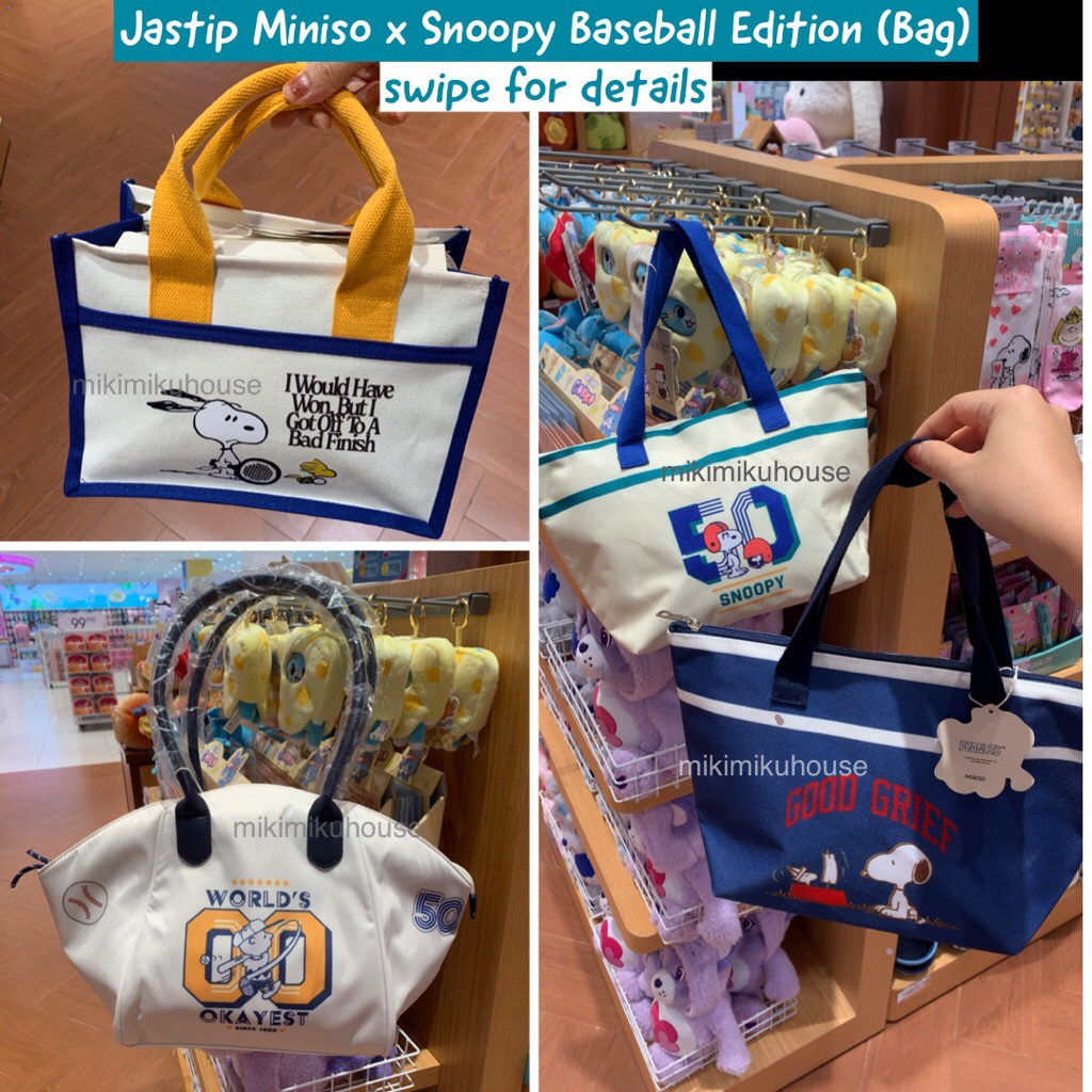 READY MINISO SNOOPY BAG PEANUTS 75TH ANNIVERSARY SNOOPY BASEBALL SHOULDER BAG TAS MAKAN LUNCH BAG TH
