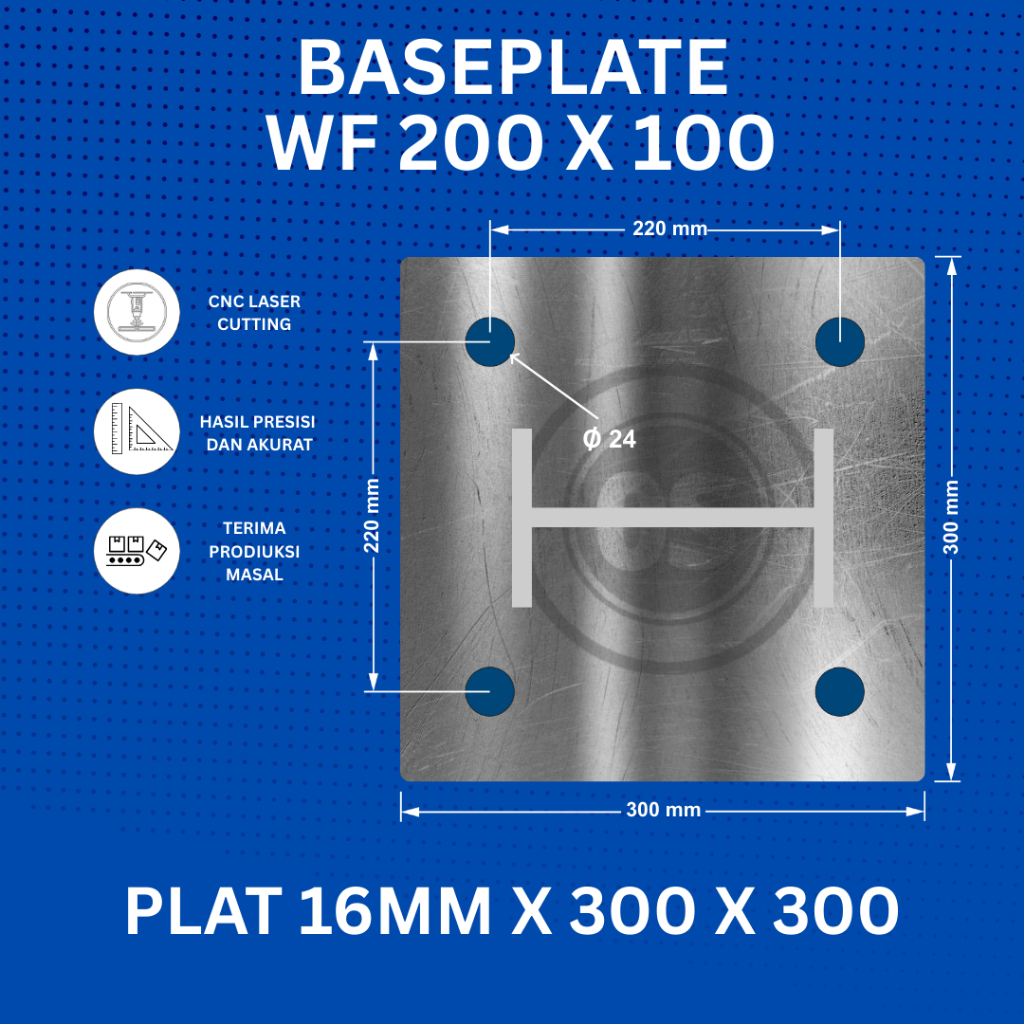 Baseplate Plat Landas WF200 X 100 Ukuran 300X300 lubang 4 x 24mm Custom Tebal & Ukuran | Plat Besi L