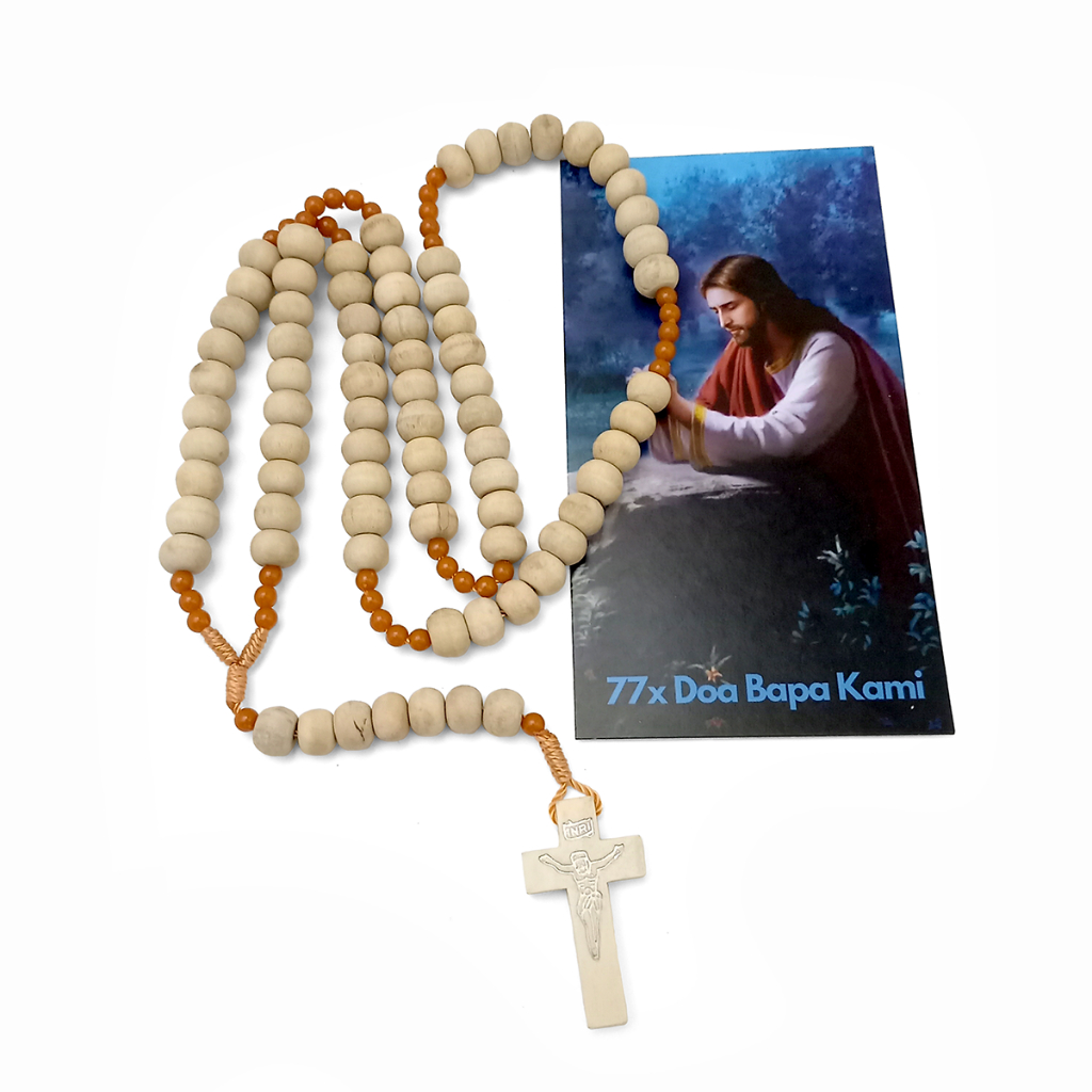 Kalung Rosario 77 Bapa Kami Kayu Kopi Warna Krem - Rosario 77x Doa Bapa Kami - Rosario 77 Bapa Kami
