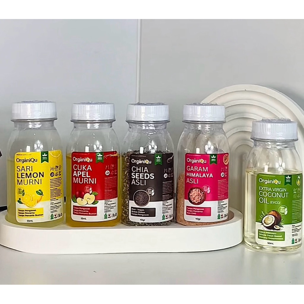 ORGANIQU SARI LEMON MURNI,CUKA APEL ASLI, CHIA SEEDS, GARAM HIMALAYA, EXTRA VIRGIN COCONUT OIL