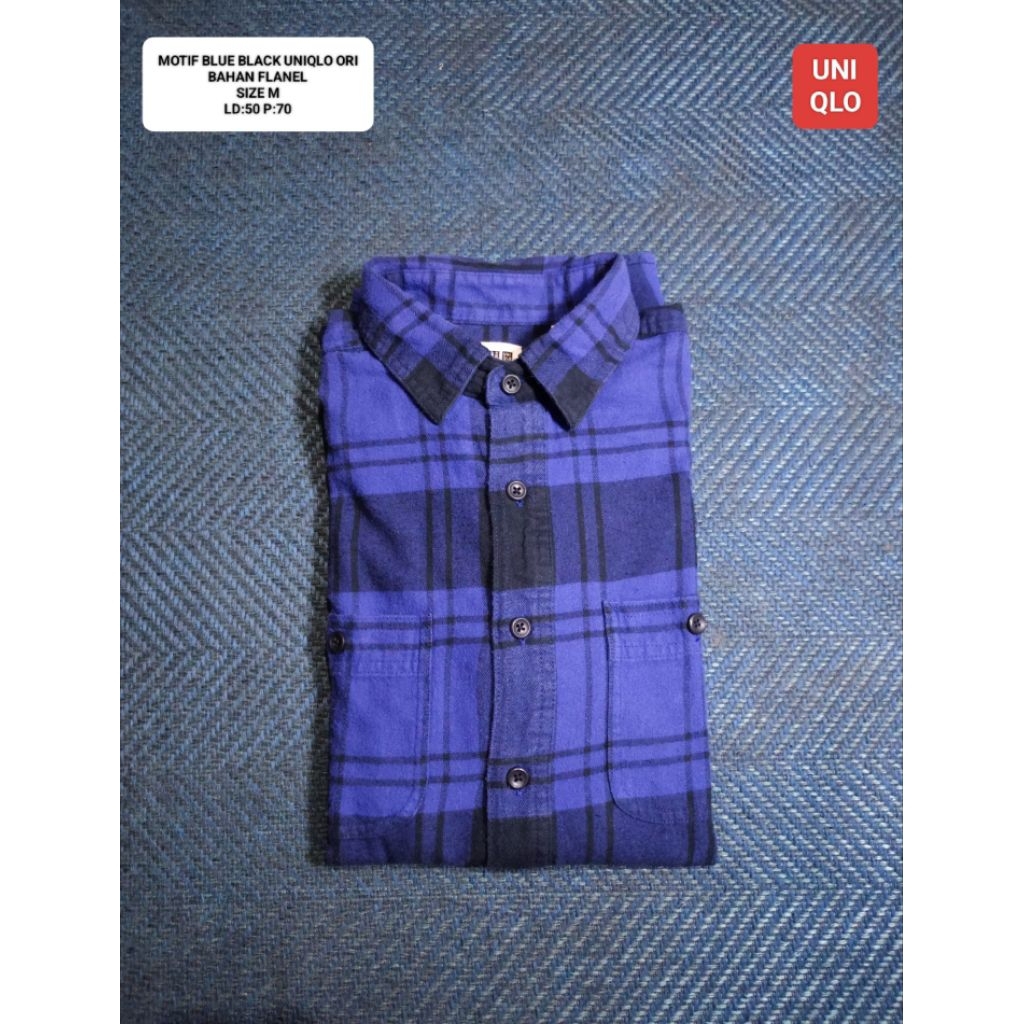 KEMEJA FLANNEL UNIQLO OR1 MOTIF BLUE BLACK SIZE M