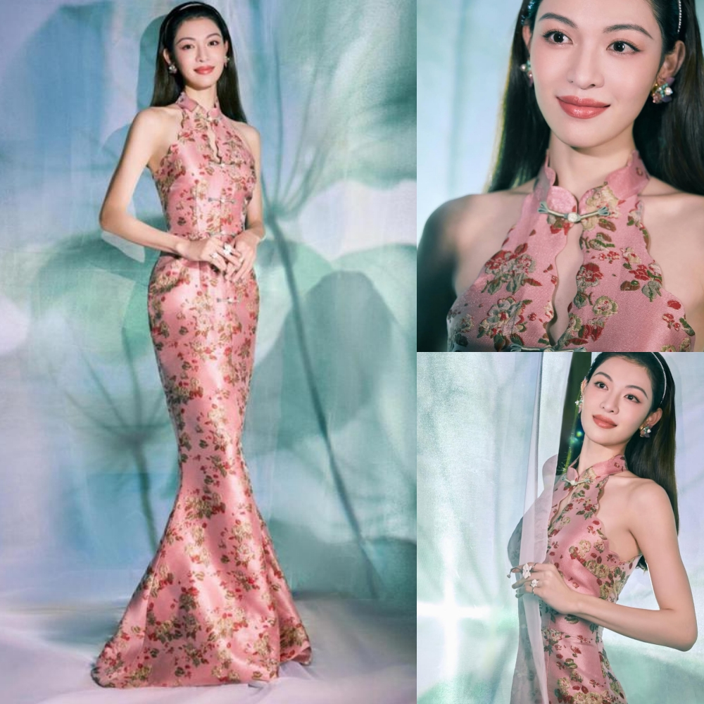 PINK FLORAL HALTER QIPAO CHEONGSAM MAXI MERMAID DRESS [vyloved preloved] | sangjit | engagement | ch
