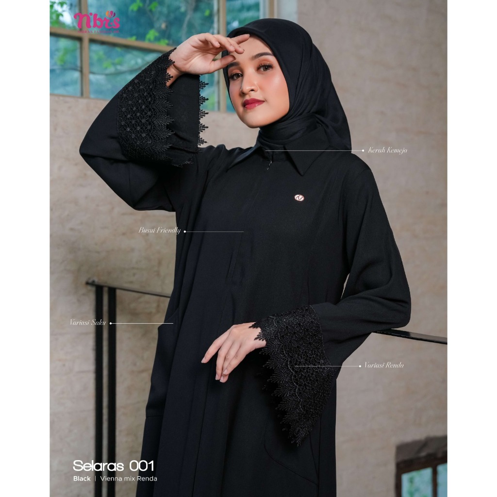 NIBRAS ABAYA WANITA HITAM SELARAS 001 BAHAN VIENNA BUSUI FRIENDLY