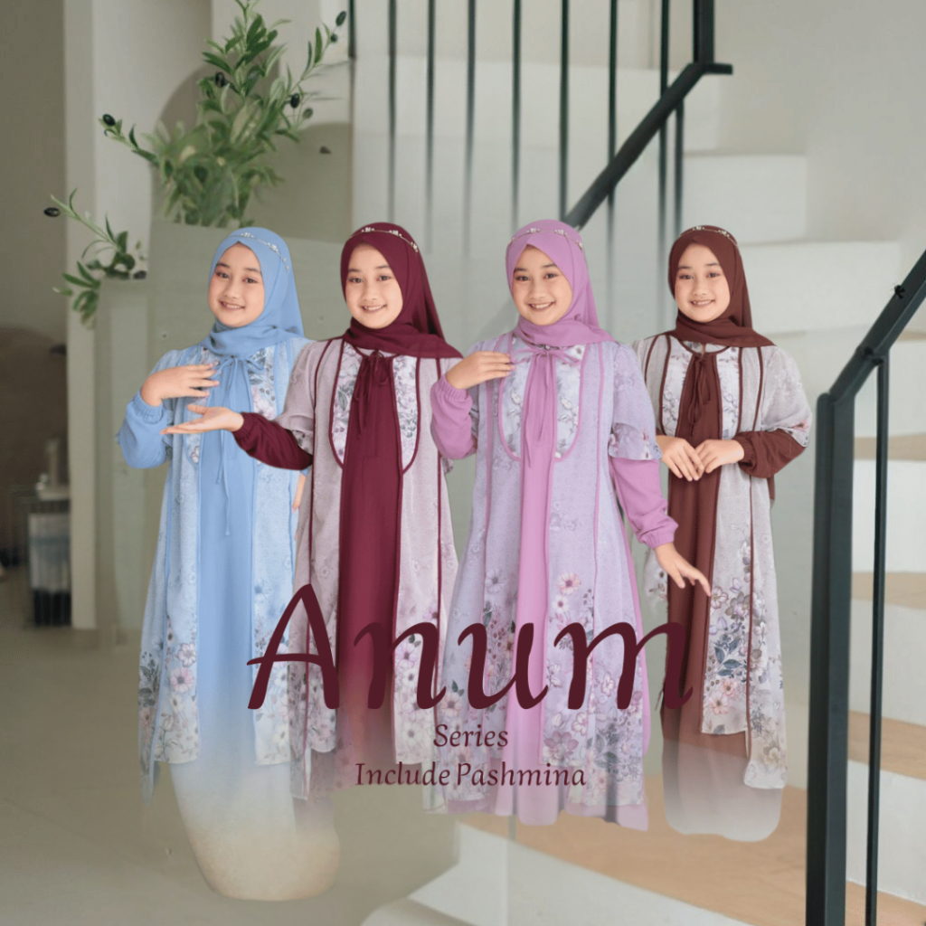 Nabeeya Kids – Anum Series | Gamis Anak Syar’i 4-12 Tahun set Pashmina Instan