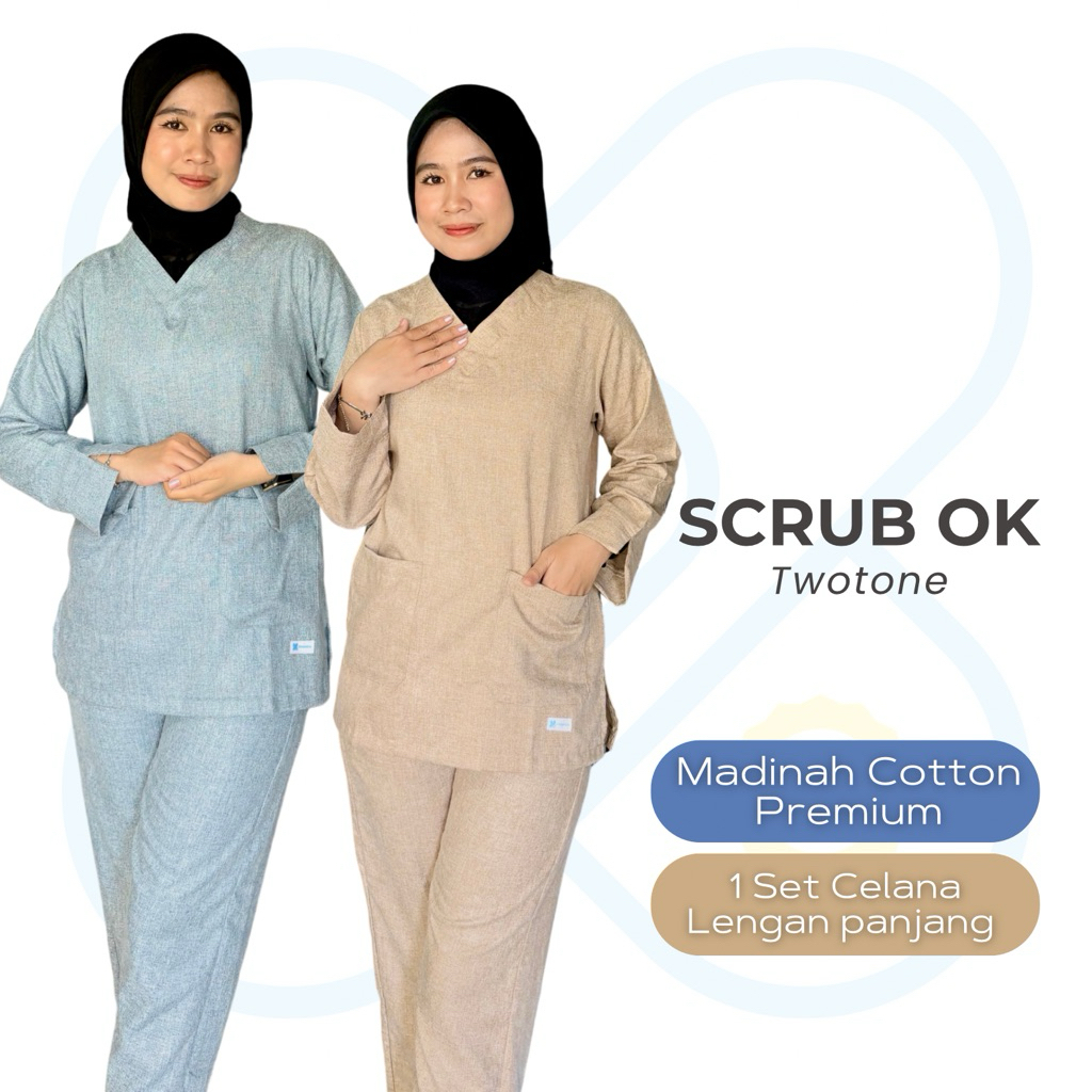 Baju OK OKA TWO TONE Madinah Silky Set Lengan Panjang/ Baju jaga Katun Madinah/ Scrub Dokter/ Scrub 