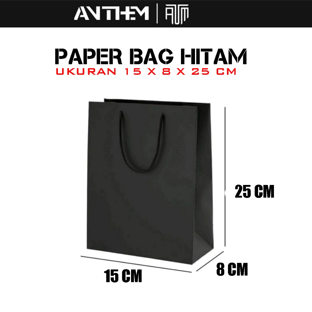 PAPER BAG HITAM POLOS 15X8X25 / TAS HAMPERS KADO / PAPER BAG TALI BAHAN KRAFT TEBAL / KANTONG SOUVEN