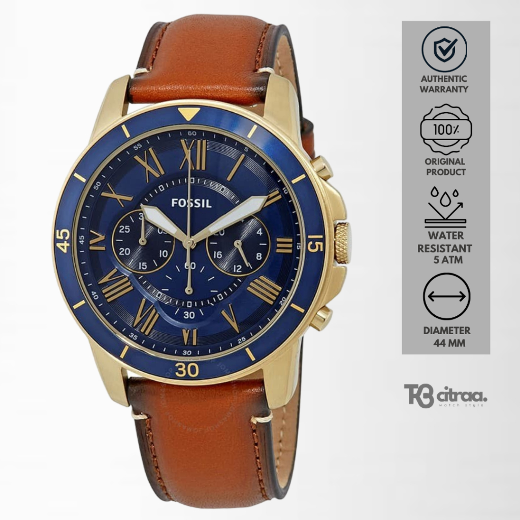Jam Tangan Pria Fossil Grant Chronograph Kulit Brown Dial Blue Casual Original FS5268