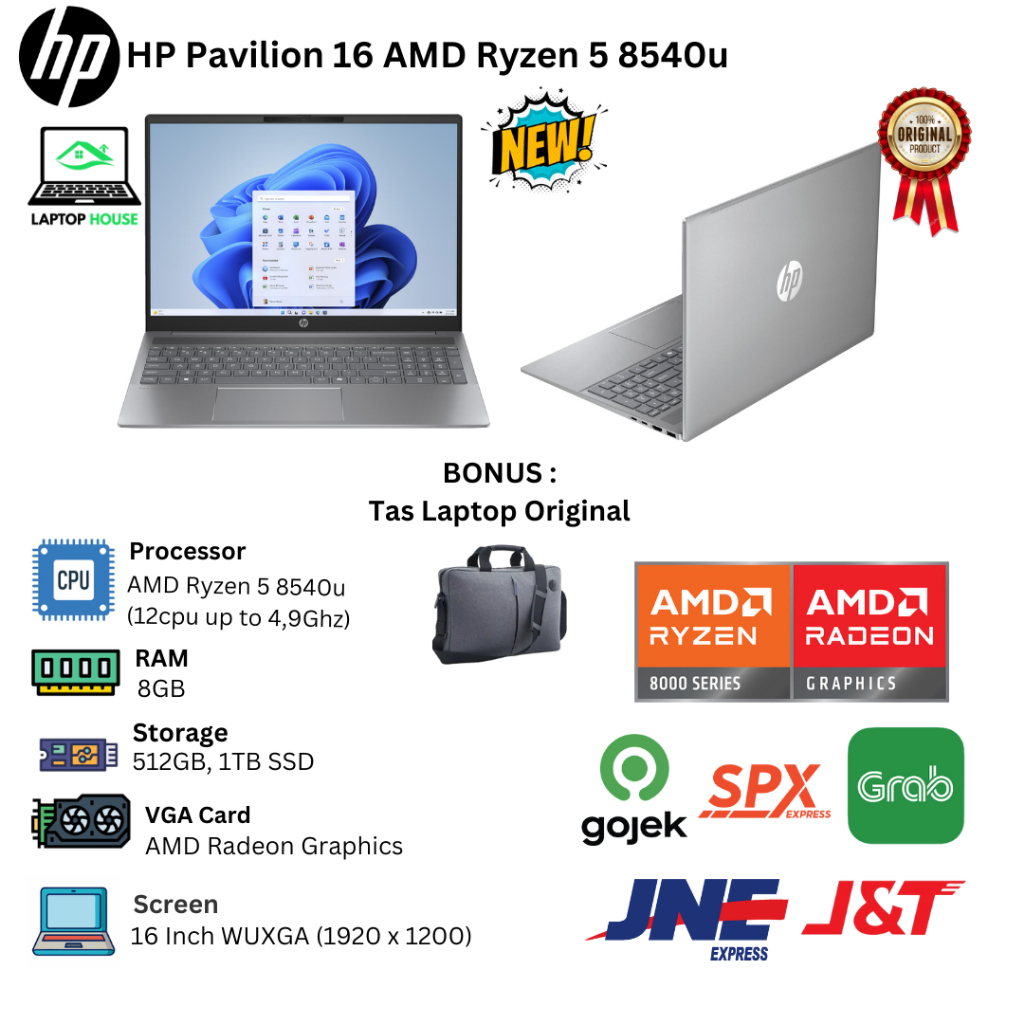 Laptop Baru  HP PAVILION 16 AMD Ryzen 5 8540U 12CPU  4,9GHZ | AMD Ryzen 7 8840U 16CPU  5,1GHZ