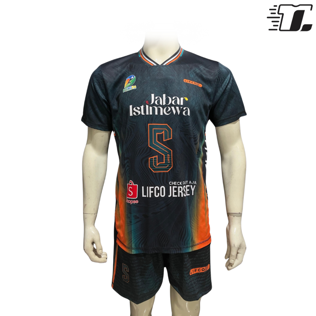 Jersey & Celana Olahraga Volly Voli Pria Lifco Jawa Barat Istimewa Hijau Orange Series  – Bahan Prem