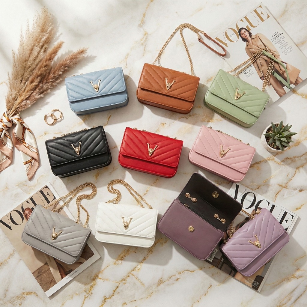 TAS BAHU SELEMPANG WANITA (Y-035) BAHAN TEBAL TALI RANTAI GOLD