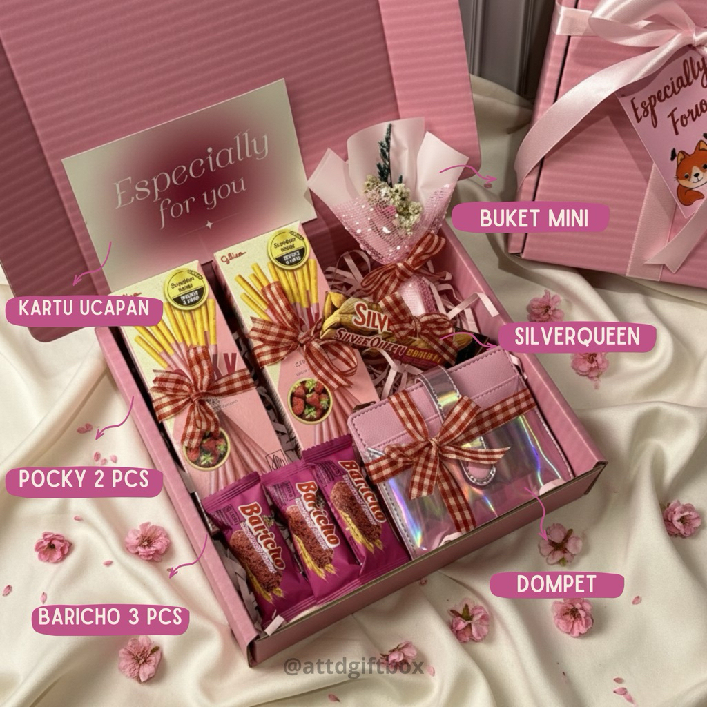 Gift pink | Kado ulangtahun | Hampers pocky dompet coklat snack | Hampers pink