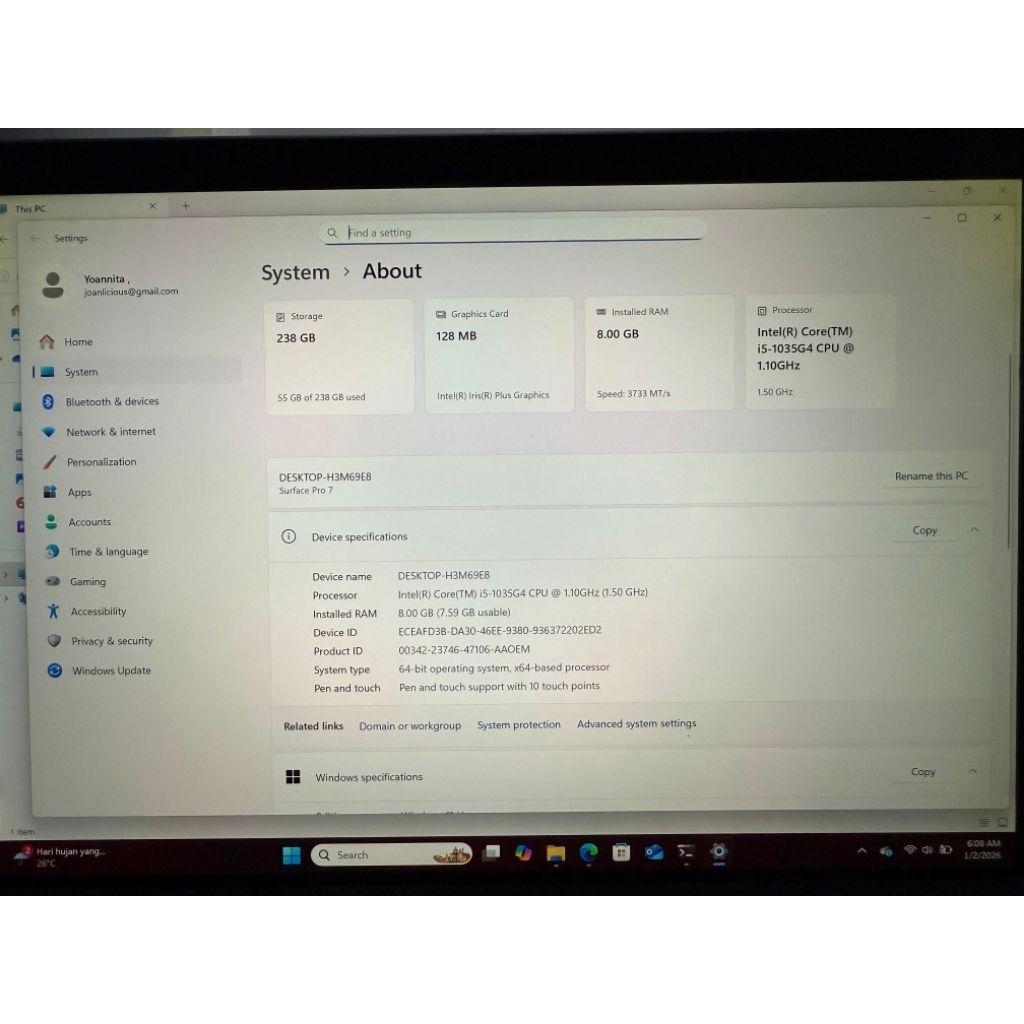 Microsoft Surface 7 Pro i5 1035g4 10nm ram 8gb nvme 256gb 12 inch tablet resolusi 2k