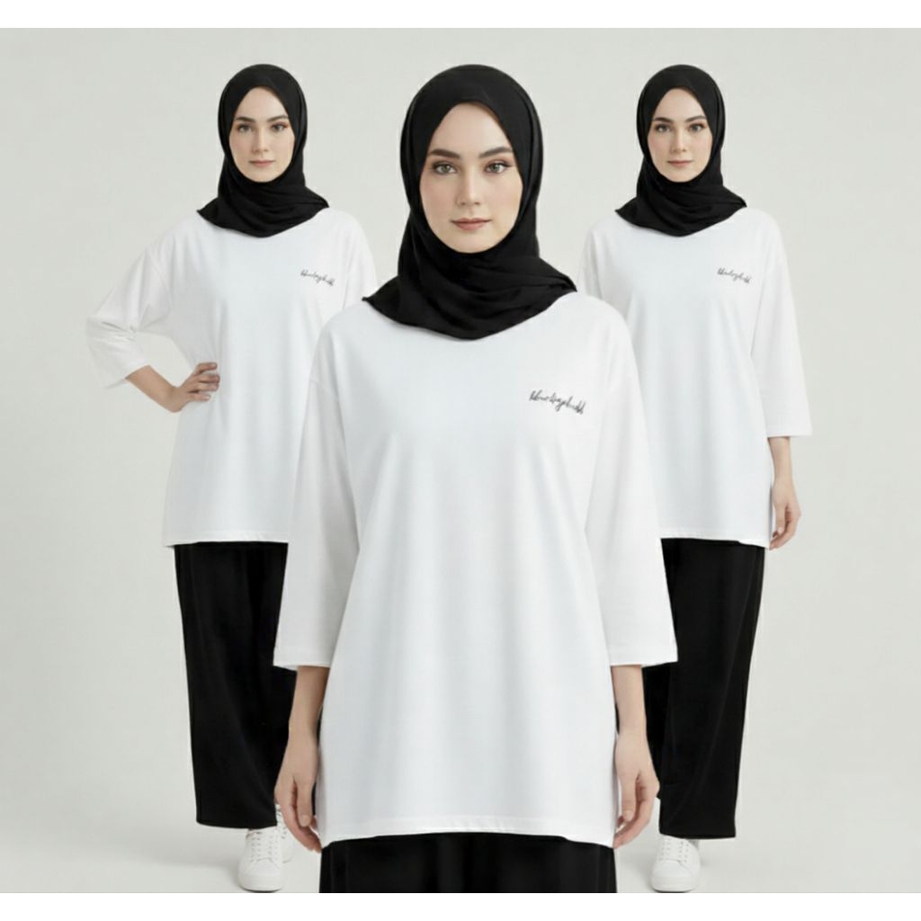 Kaos Tunik Oversize Atasan Wanita Putih Polos lengan 3/4 Bahan Cotton Combed 24s premium
