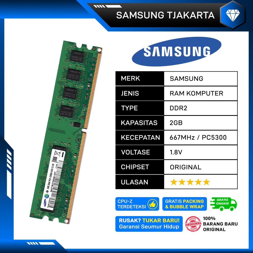 RAM PC SAMSUNG DDR2 2GB 667MHz PC 5300 1.8v ORI RAM KOMPUTER DDR2 2GB LONGDIMM