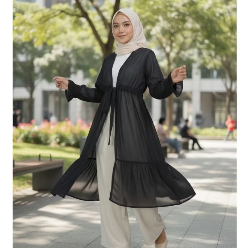 Naykamila Outer Tunik Ceruty Serut Pinggang Lengan Panjang Polos Bahan Ceruty Babydoll Motif Cardiga