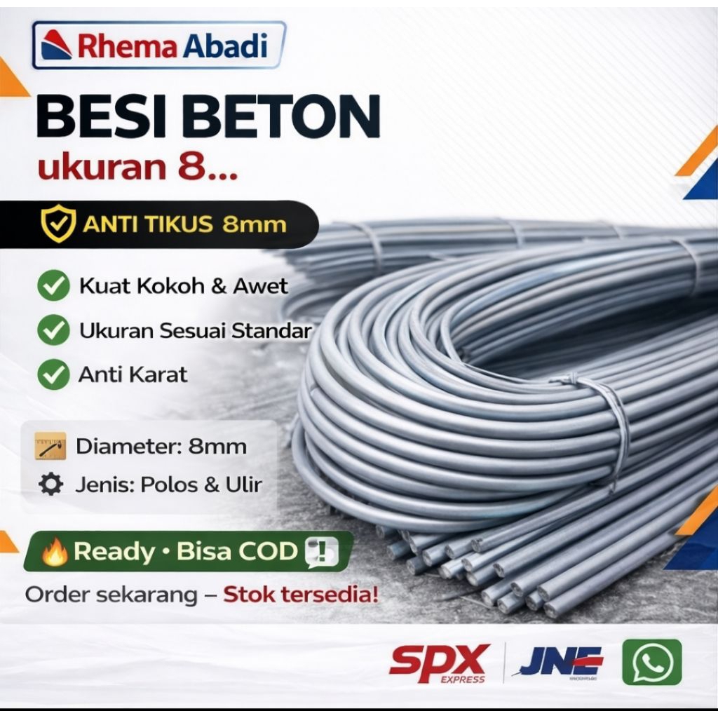 BESI BETON 8mm POLOS 8 mm A SNI (KARGO) HARGA PER BATANG