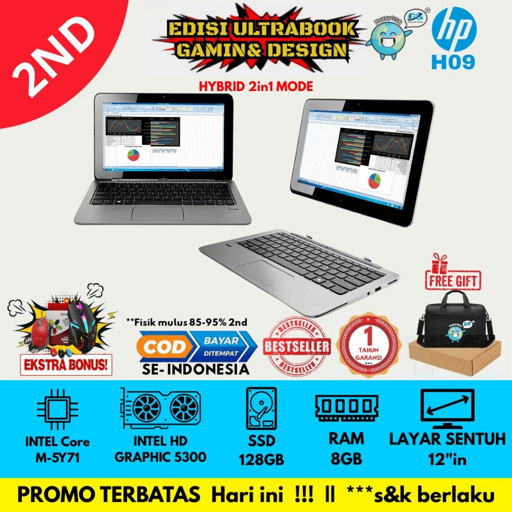 LAPTOP HYBRID TABLET TOUCHSCREEN HP Elite X2 H09 Core i7 Gen4 RAM 8GB SSD LAYAR 12"in WINDOWS 10