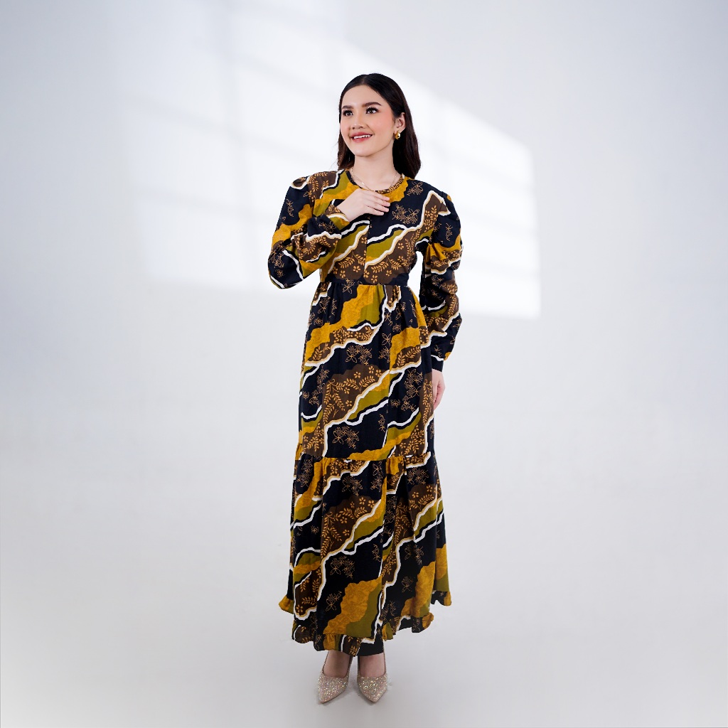 BATIK TRUSMI Dress Gamis Batik Wanita Motif Mega Mendung RNDM Warna Hitam MOP