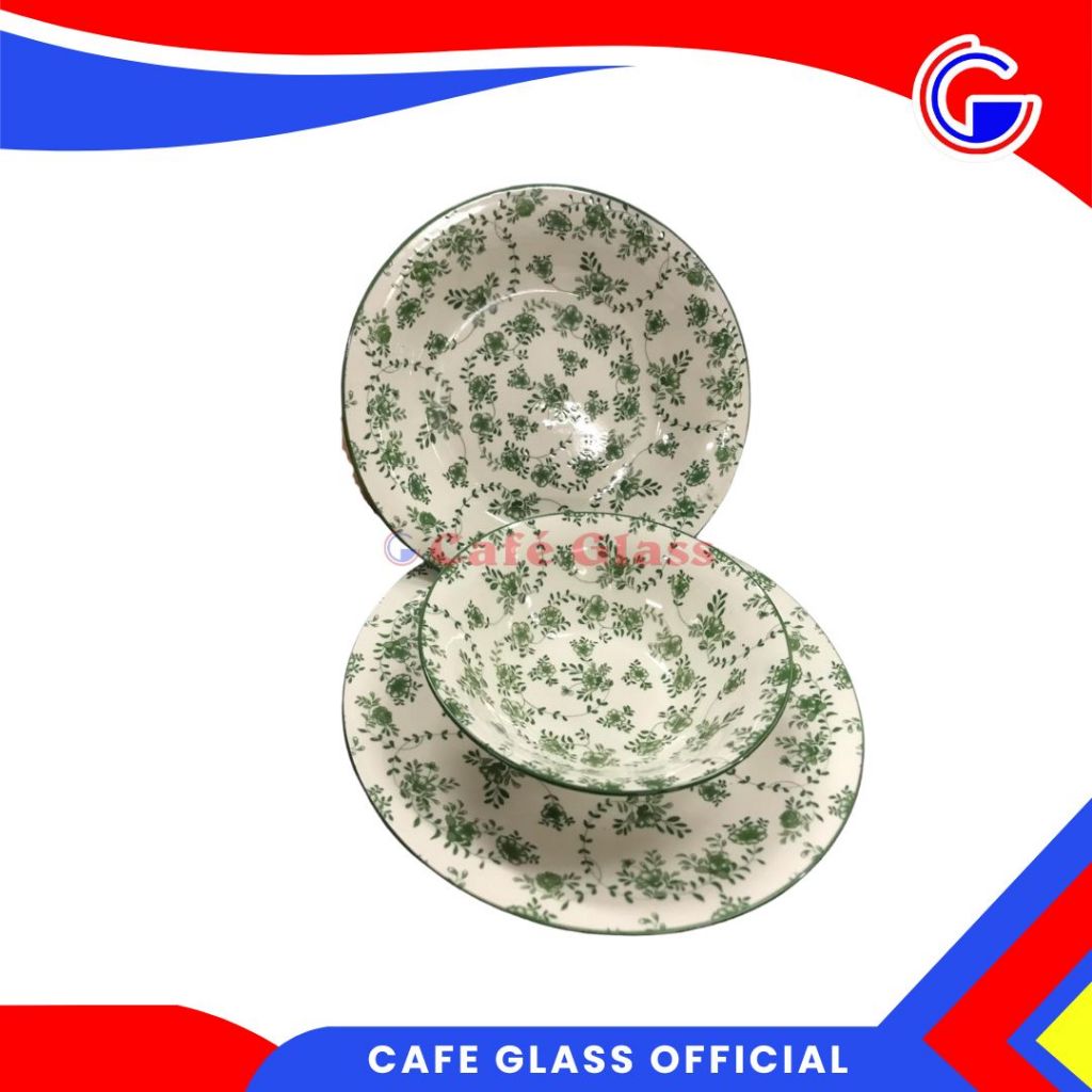 DINNER SET KERAMIK GARLAND I MANGKOK PIRING KERAMIK MOTIF BUNGA HIJAU I KERAMIK TABLEWARE SAKATO