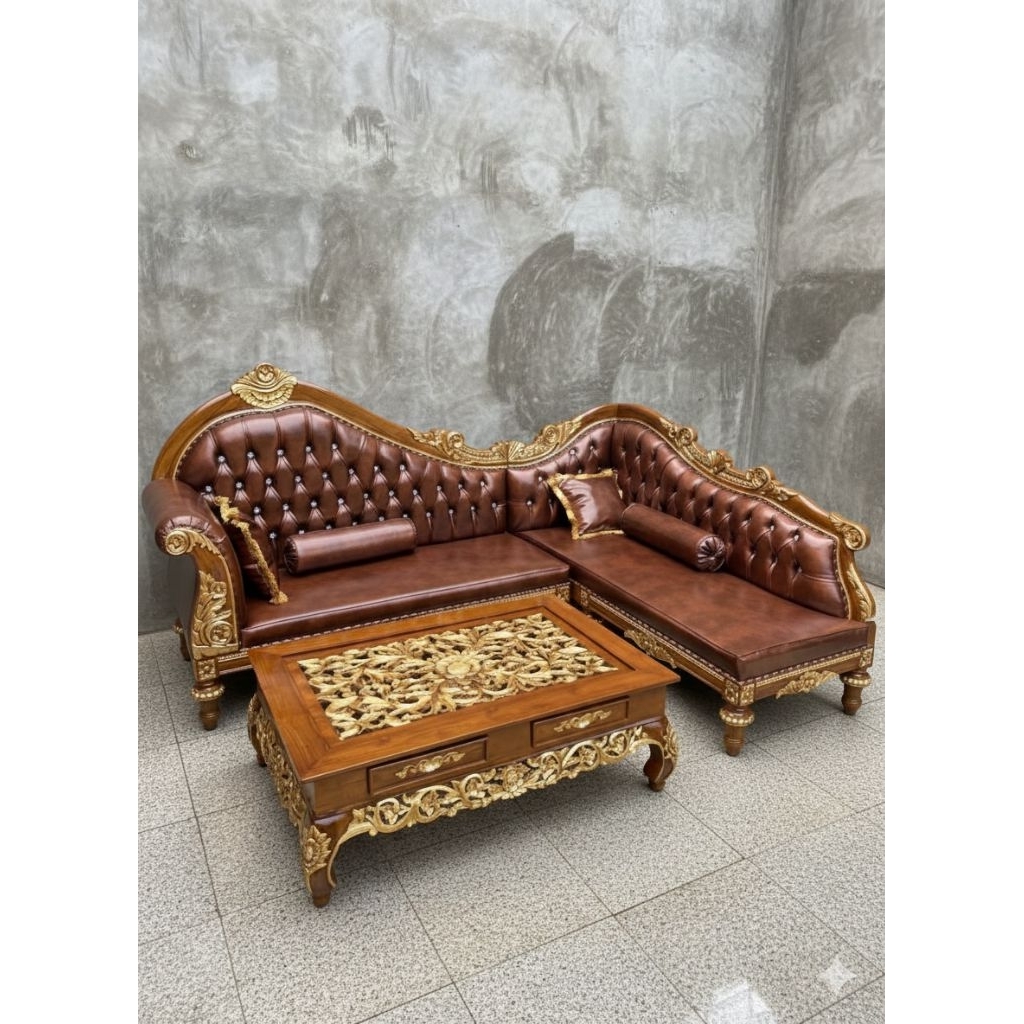 SOFA SUDUT LOUIS JATI UKIR MEWAH + MEJA TAMU | Kursi Tamu Sudut Kayu Jati Asli Ruang Tamu Klasik Ele