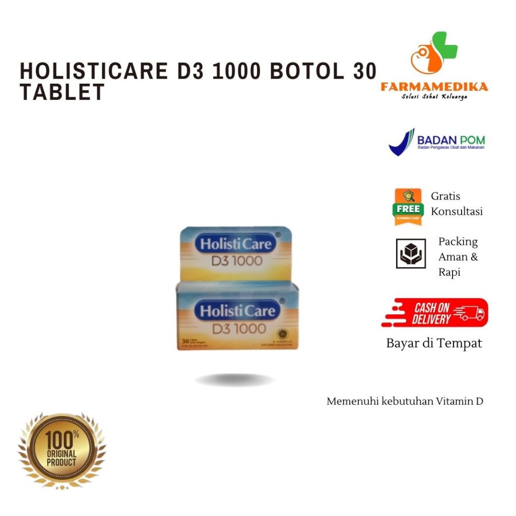 HOLISTICARE D3 1000IU BOTOL 30 TABLET - Tablet Suplemen Vitamin D3 1000 IU