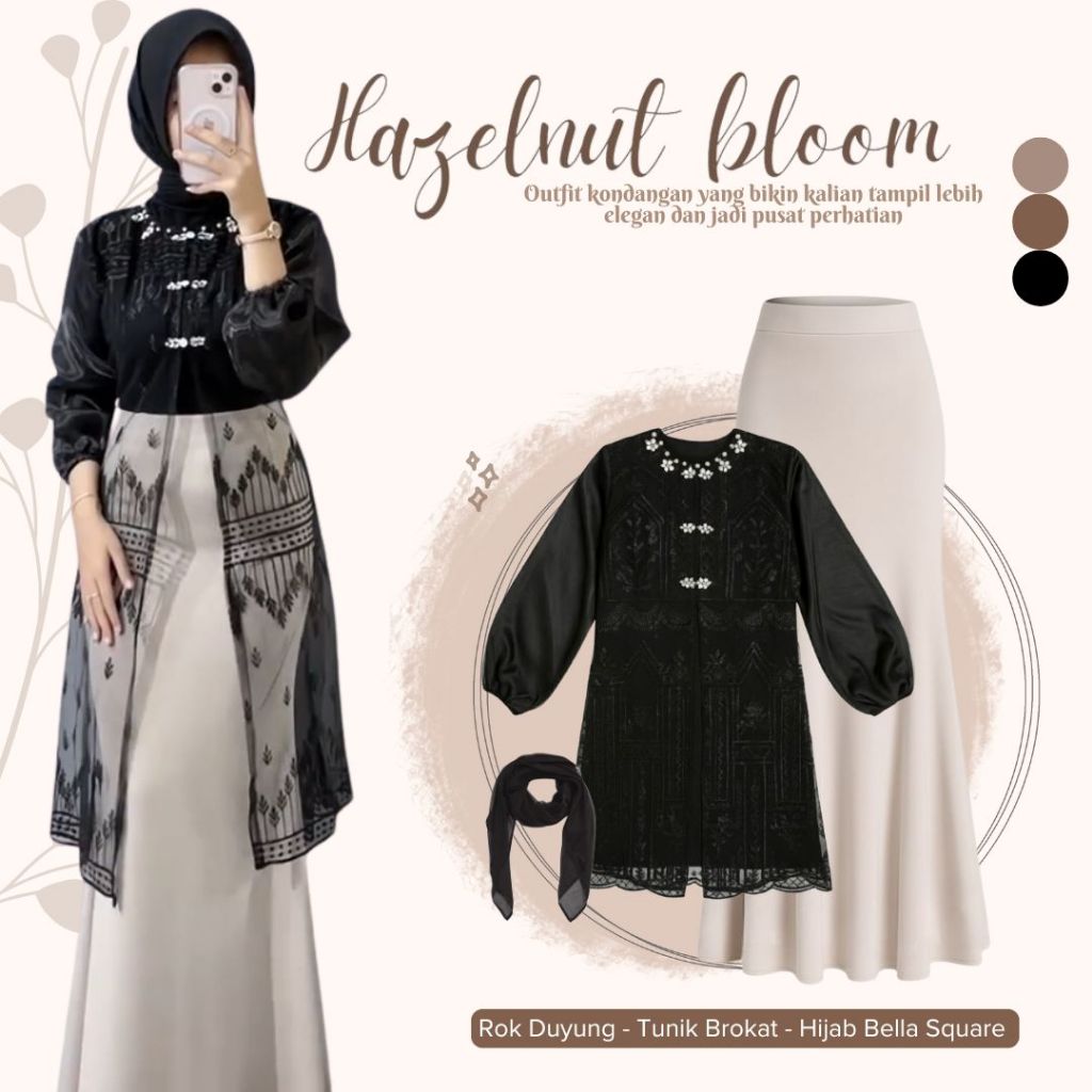Ootd Baju Lebaran [ Outer Brokat Tunik Brukat Tulip + Rok Duyung Scuba + Jilbab Segi Empat ] Setelan
