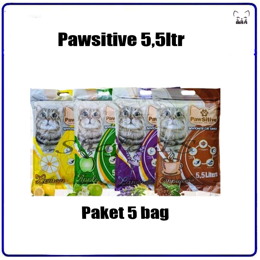 Paket 5 bag Pasir Kucing Gumpal Wangi PAWSITIVE 5.5 Liter -Pasir Kucing Pawsitive 5,5 L