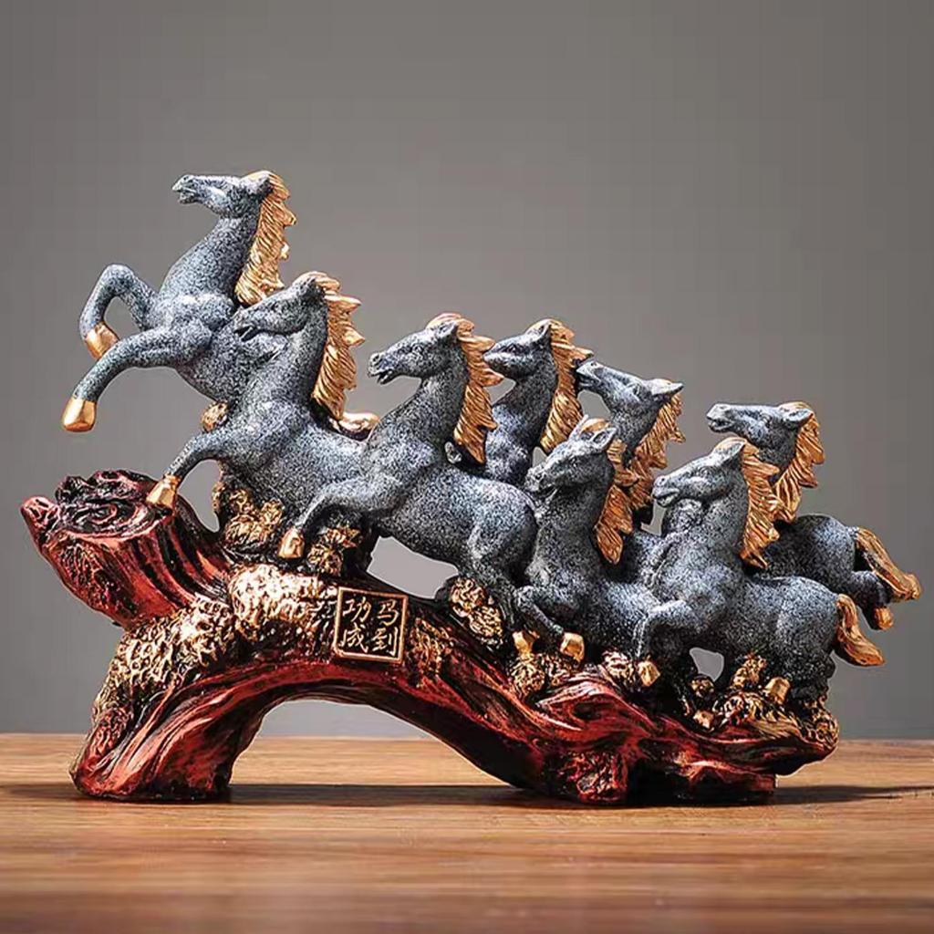 Pajangan 8 Kuda Pacu Tangguh Emas Gold Fengshui Patung Dekorasi Sukses