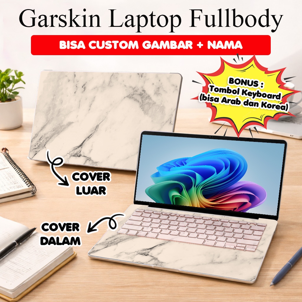 Garskin Laptop Stiker Anti Gores Full Body Marmer Marble Custom 10 12 13 14 15 inch Universal Untuk 